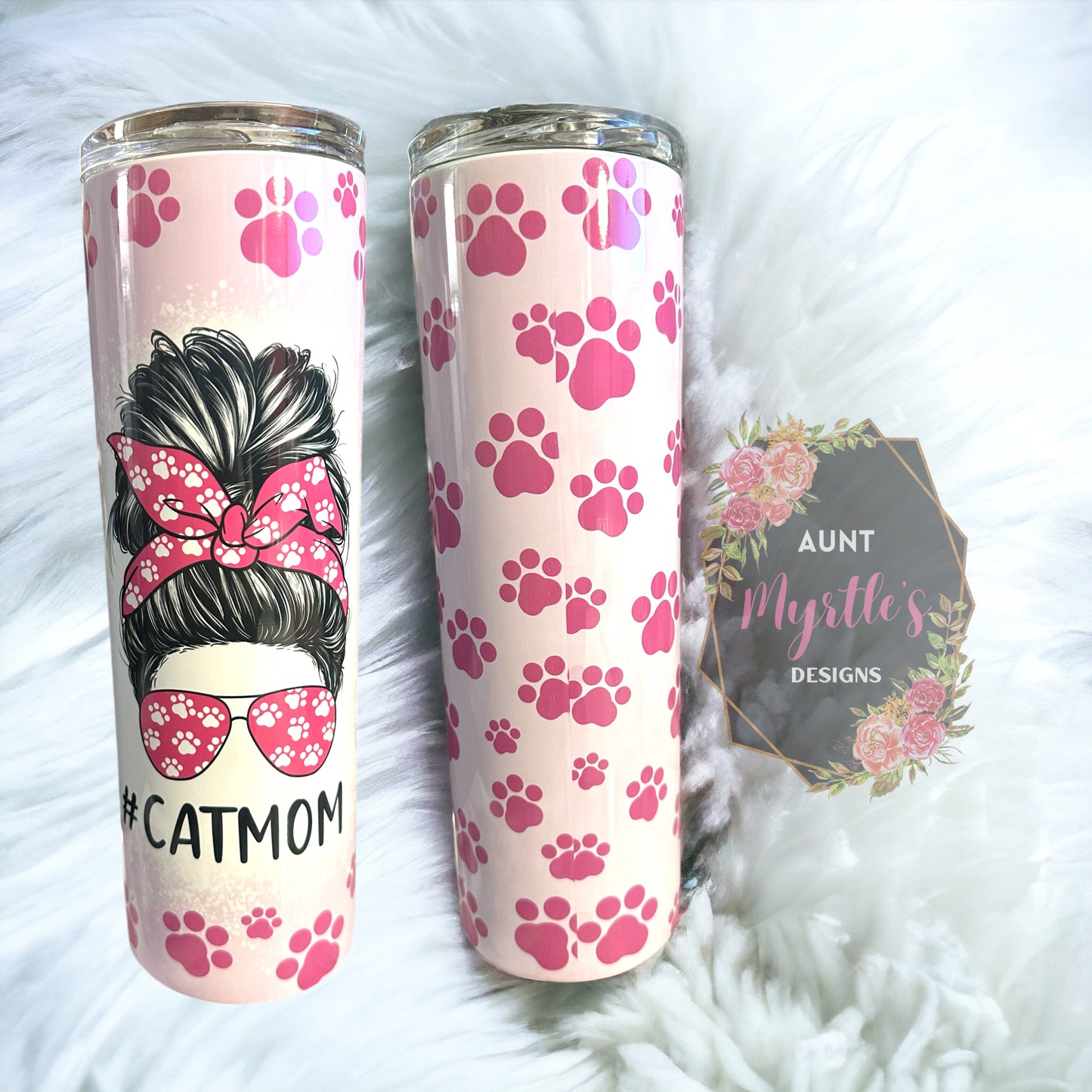 RTS 00332 - #Catmom messy bun pink pawprints - 30oz skinny tumbler
