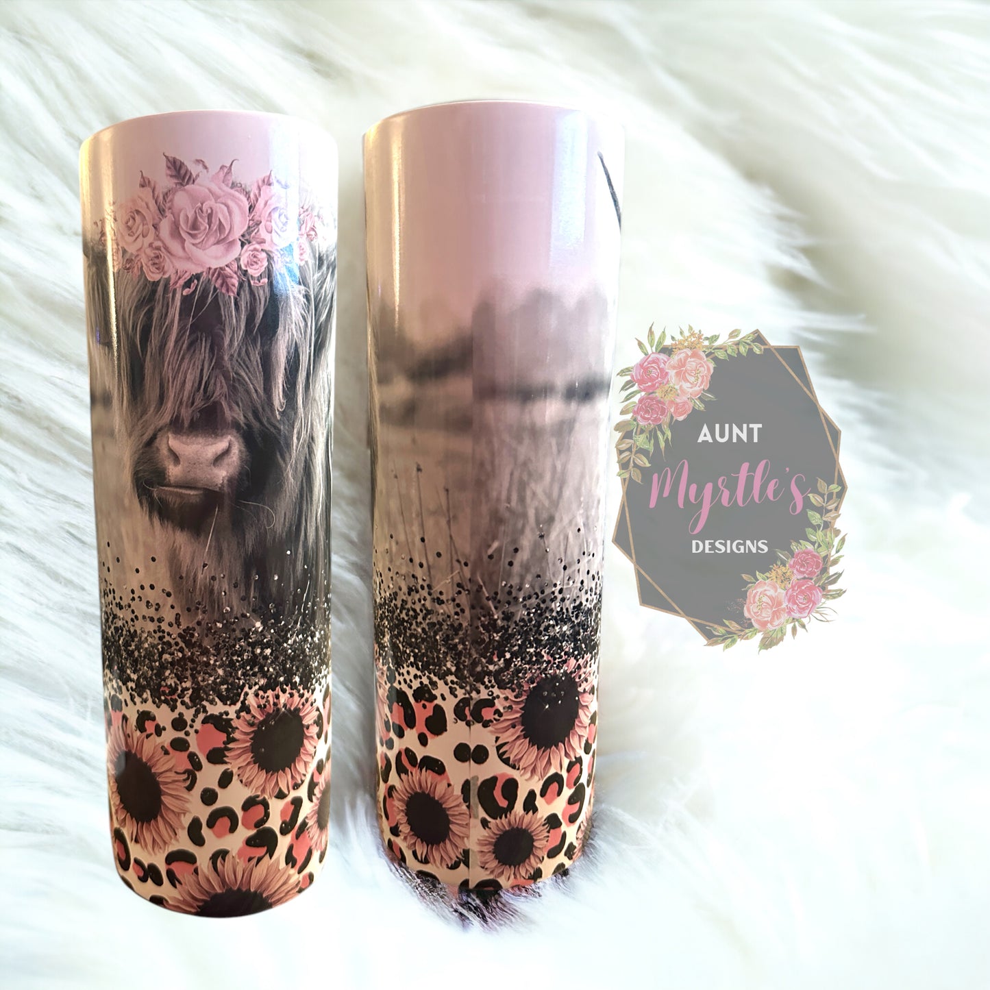 RTS 00063 - Pink daisy highland cattle - 30oz skinny tumbler