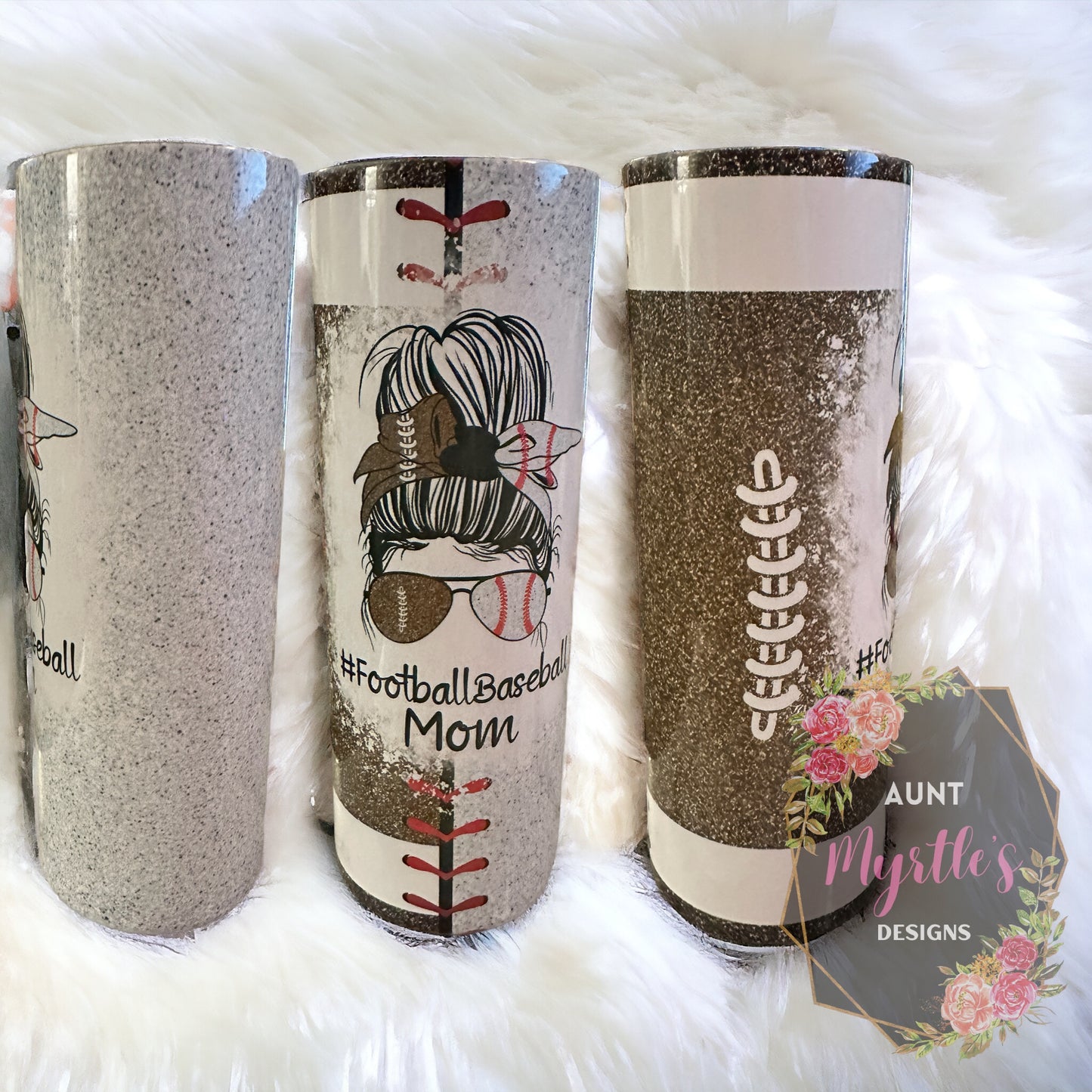 RTS 00543 - Football-Baseball Mom messy bun - 20oz skinny tumbler