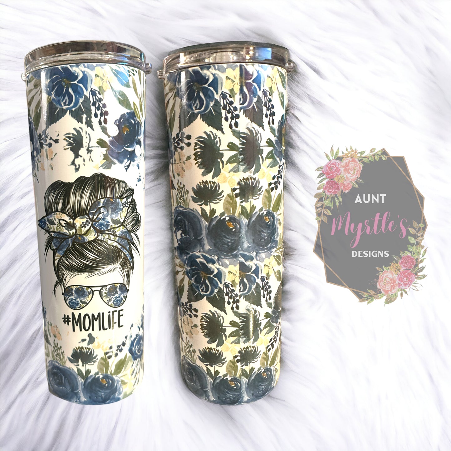 RTS 00416 - Blue flower #momlife - 20oz skinny tumbler