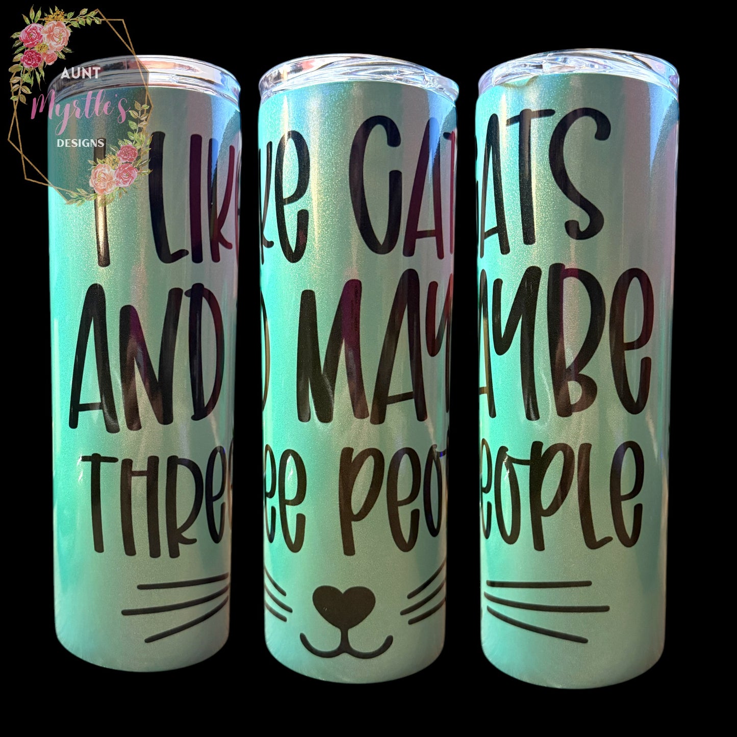 RTS 00411 - I like cats and 3 people - 20oz mint holographic skinny tumbler