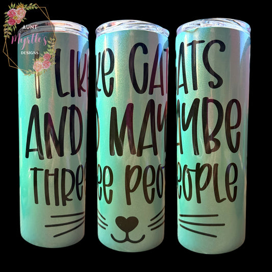 RTS 00411 - I like cats and 3 people - 20oz mint holographic skinny tumbler