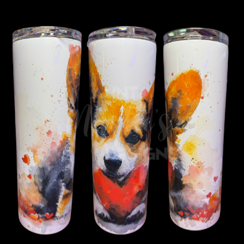 RTS 00839 - Alcohol ink corgi and hearts - 30oz skinny tumbler