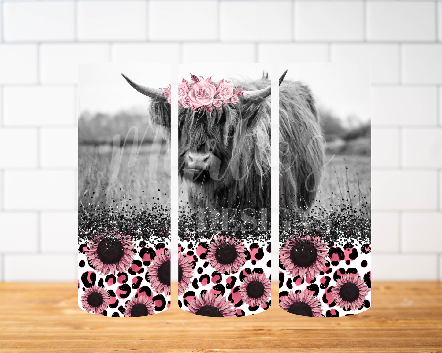 RTS 00063 - Pink daisy highland cow - 30oz skinny tumbler