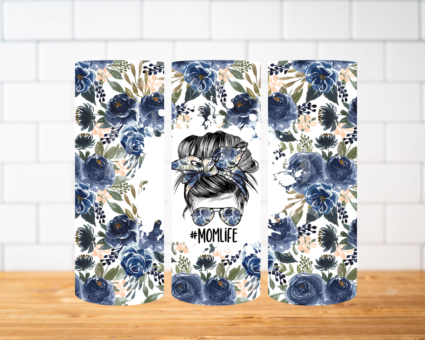RTS 00416 - Blue flower #momlife - 20oz skinny tumbler