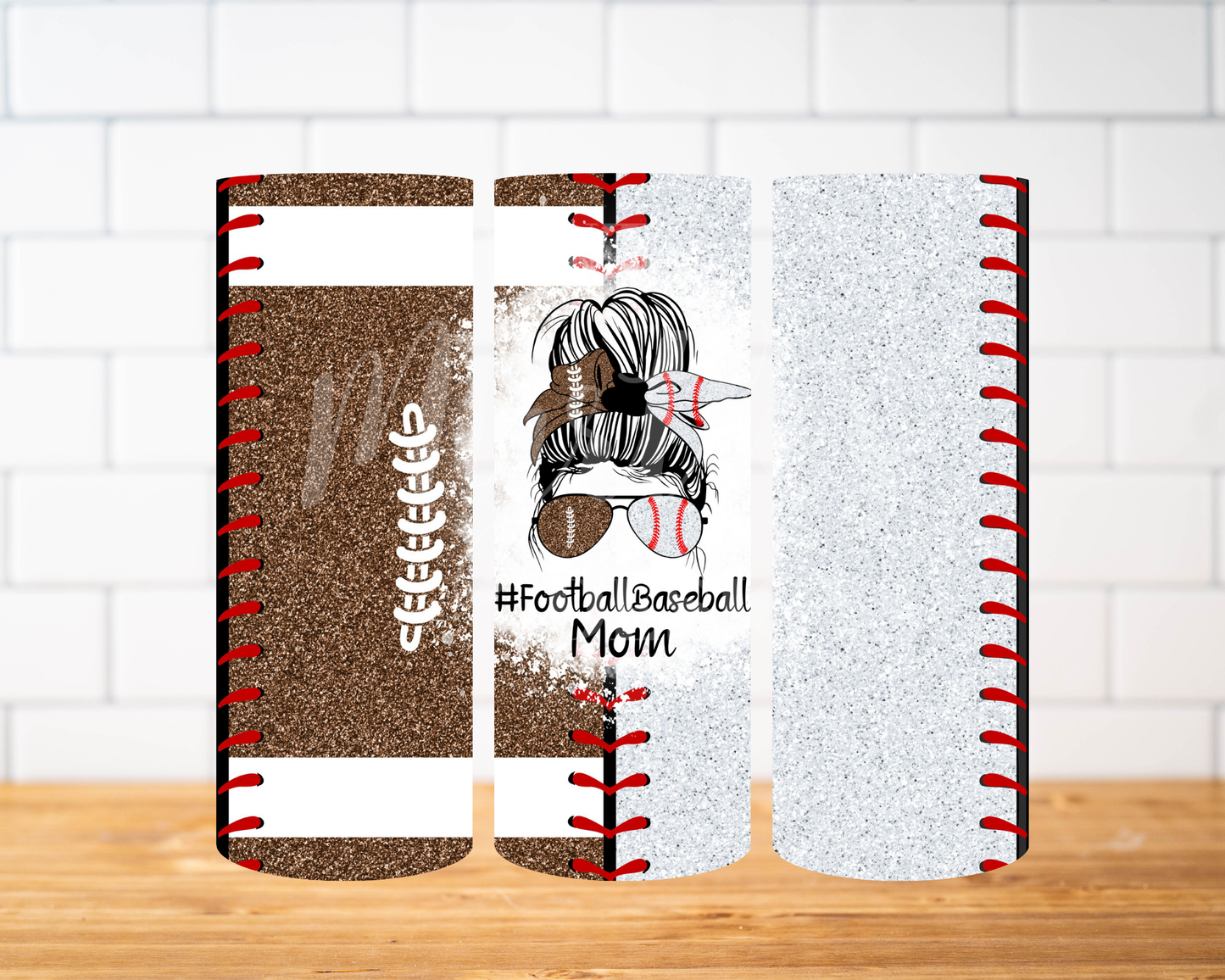 RTS 00543 - Football-Baseball Mom messy bun - 20oz skinny tumbler