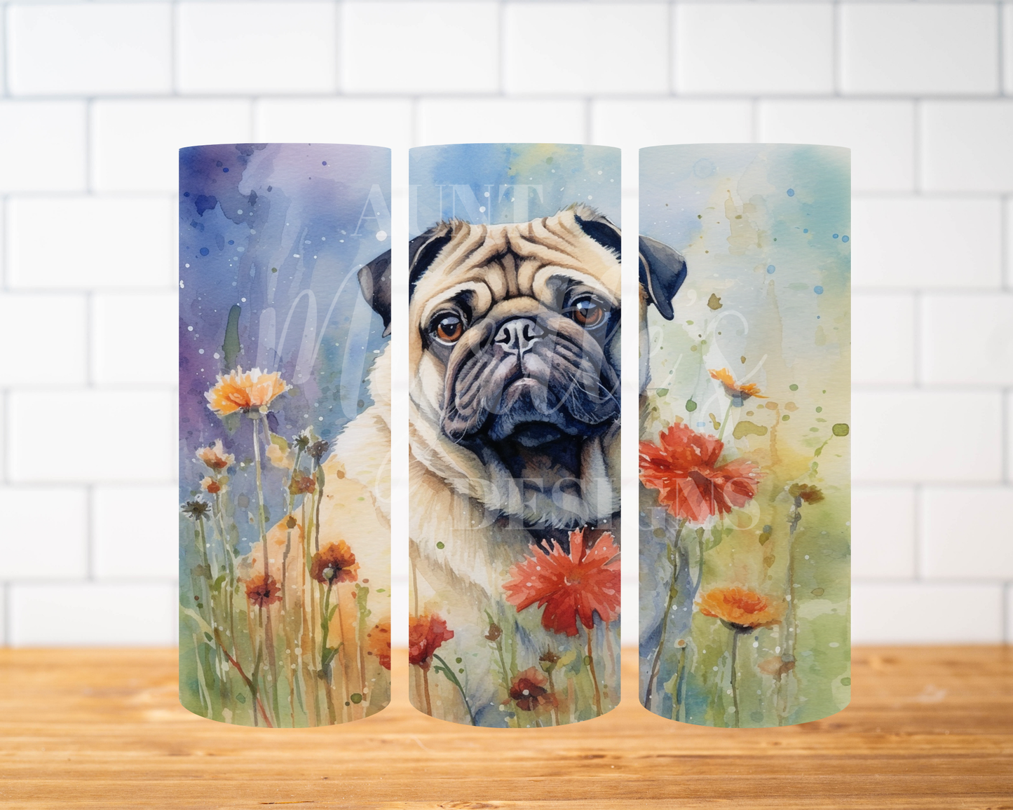 RTS 00867 - Pug with flowers - 30oz skinny tumbler