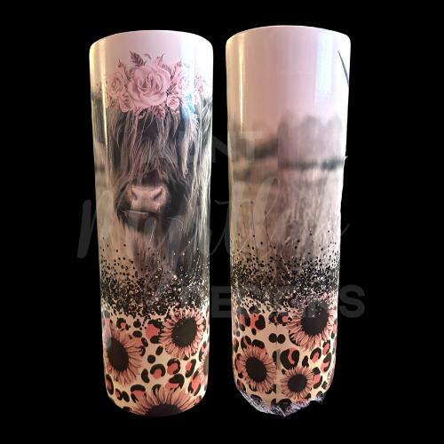 RTS 00063 - Pink daisy highland cattle - 30oz skinny tumbler
