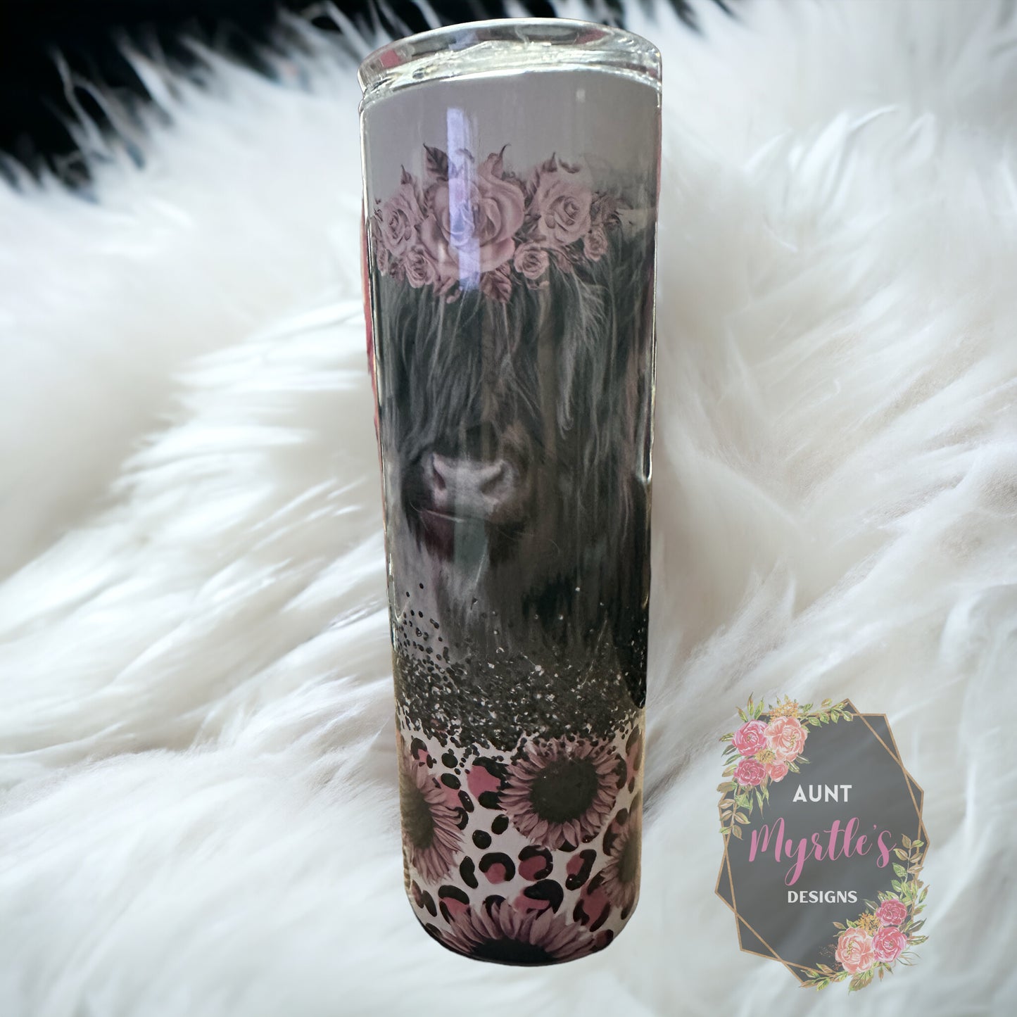 Ready to Ship 00063 - Pink daisy highland cattle - 30oz skinny tumbler