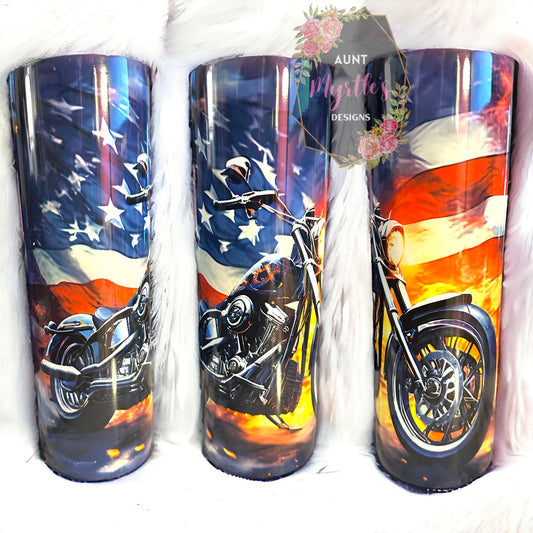 Ready to Ship 00659 - Motorcycle with American flag - 30oz skinny tumbler