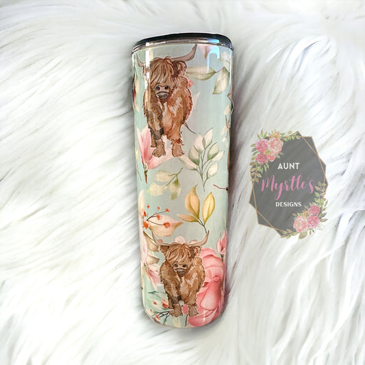 Ready to Ship 00226 - Highland cows with flowers - 20oz skinny tumbler