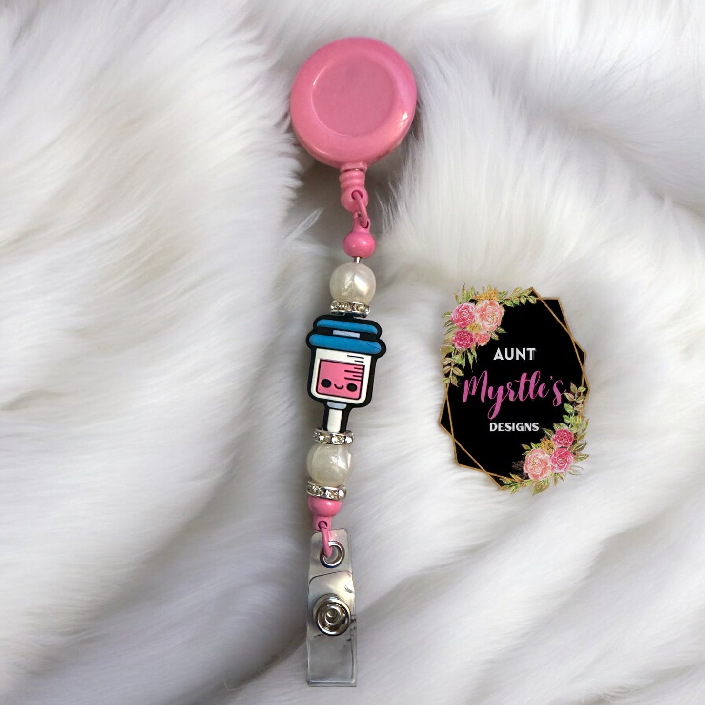 Beaded Badge Holder - Smiley syringe