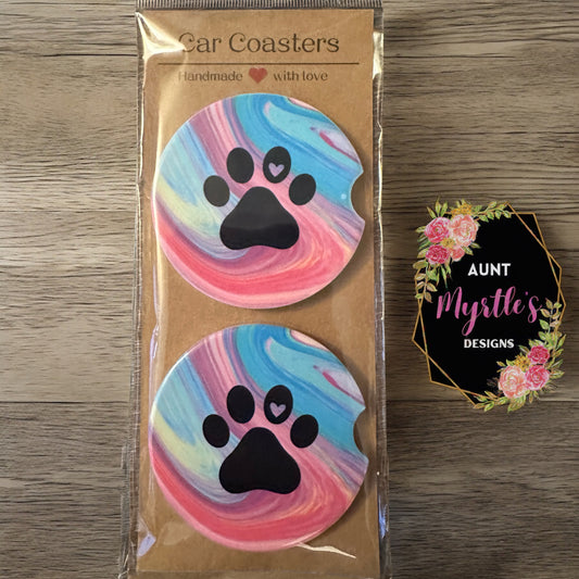 Car Coaster - Tye dye pawprint with heart