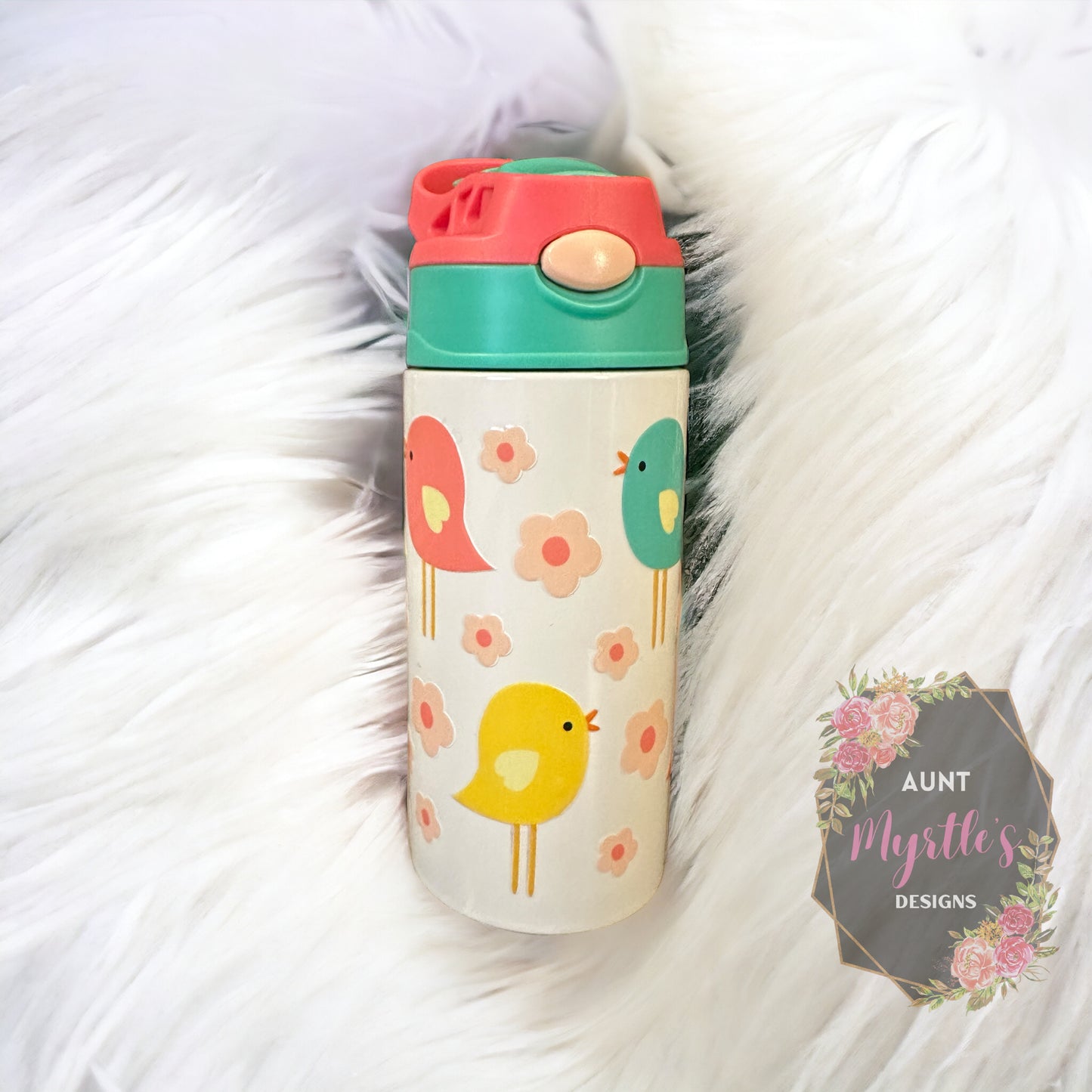 RTS 00588 - Cute birds - 12oz pink/green kids cup