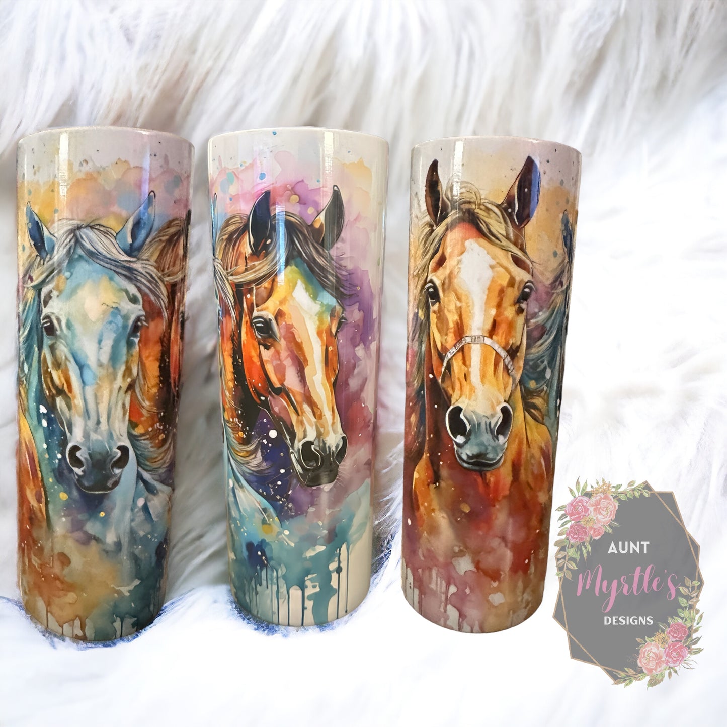 Ready to Ship 00515 - Watercolor horses - 20oz skinny tumbler