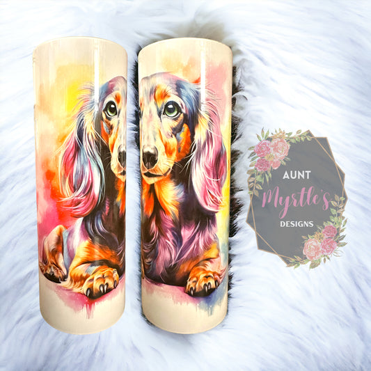 Ready to Ship 00642 - Watercolor dachshund - 20oz skinny tumbler