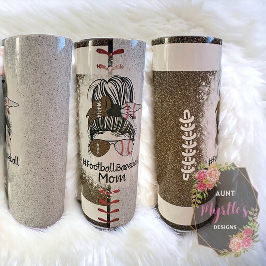 RTS 00543 - Football-Baseball Mom messy bun - 20oz skinny tumbler