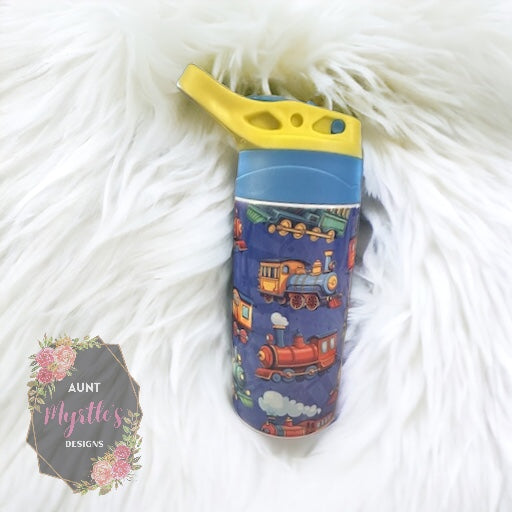 Ready to Ship 00386 - Trains - 12oz blue/yellow kids cup