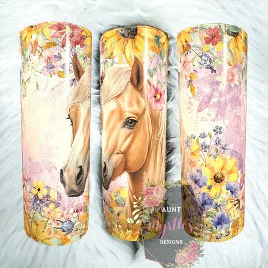 Ready to Ship 00639 - Tan horse with flowers - 20oz skinny tumbler