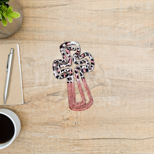 Acrylic bookmark - Pink leopard cross (small)