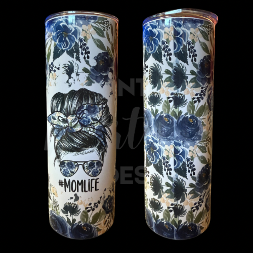 RTS 00416 - Blue flower #momlife - 20oz skinny tumbler