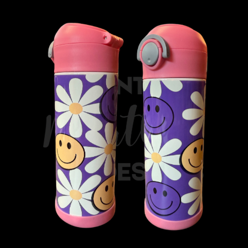 RTS 00848 - Purple smiley faces and daisies - 12oz pink kids cup