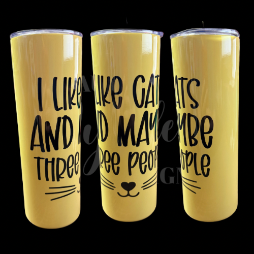 RTS 00411 - I like cats and 3 people - 20oz yellow holographic skinny tumbler