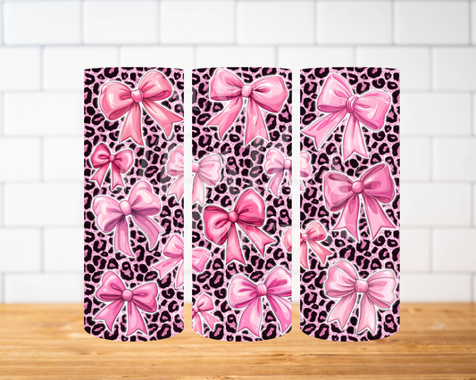 RTS 00843 - Pink bows and leopard print - 20oz skinny tumbler