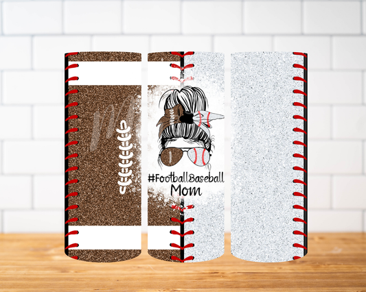RTS 00543 - Football-Baseball Mom messy bun - 20oz skinny tumbler