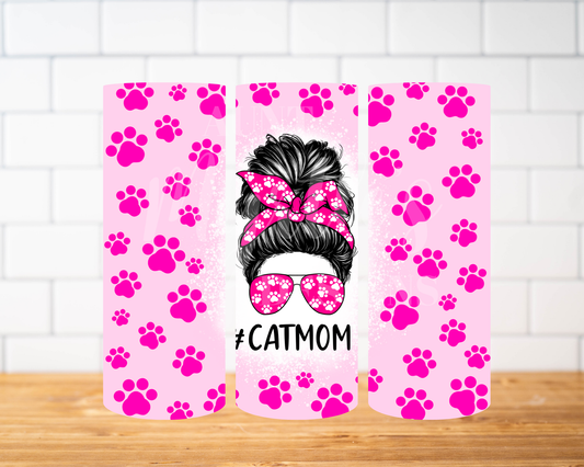 RTS 00332 - #Catmom messy bun pink pawprints - 30oz skinny tumbler