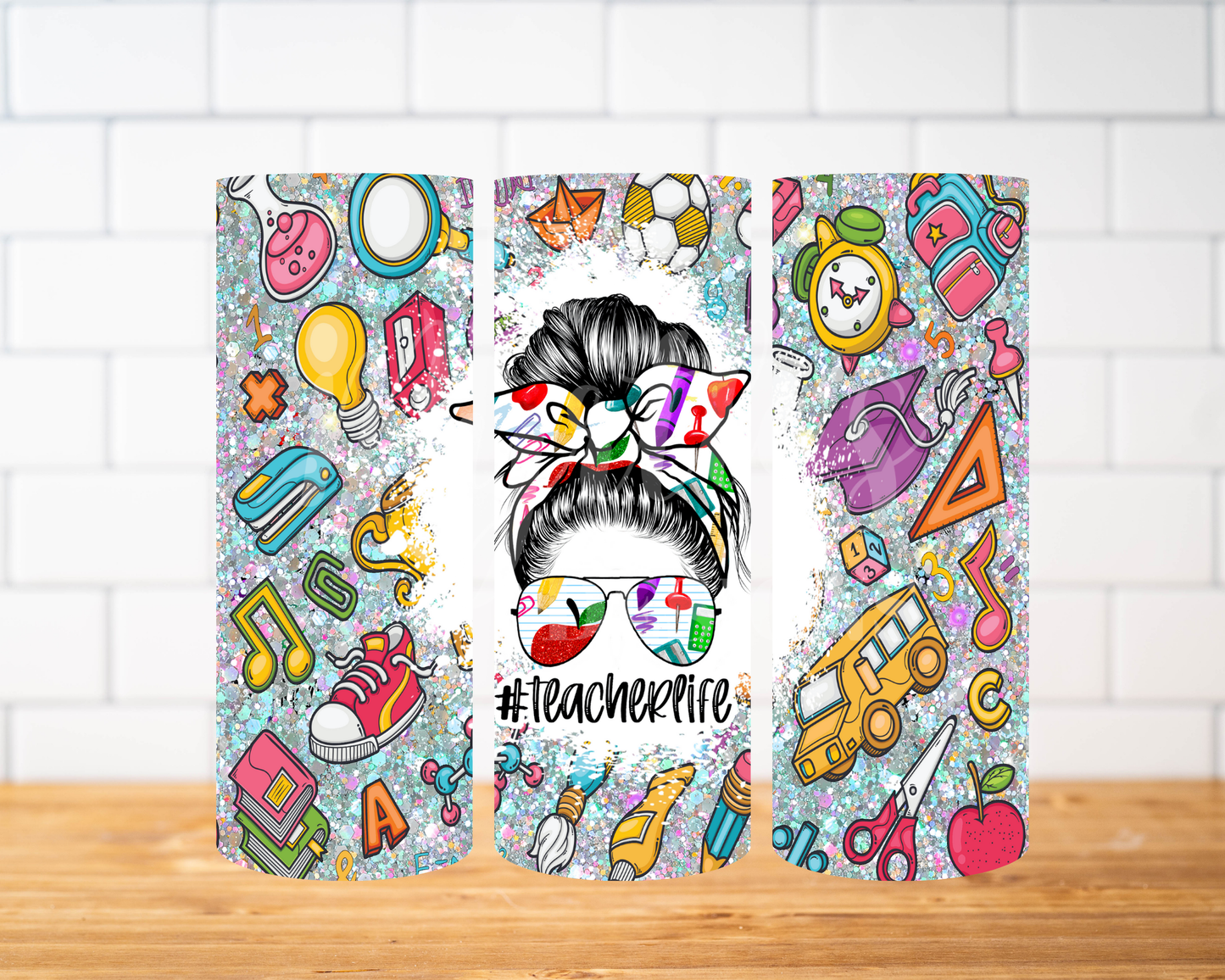 RTS 00902 - #TeacherLife messy bun - 20oz skinny tumbler