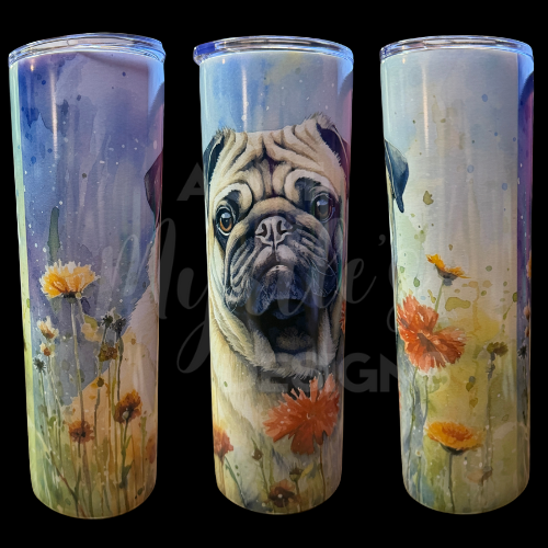 RTS 00867 - Pug with flowers - 30oz skinny tumbler